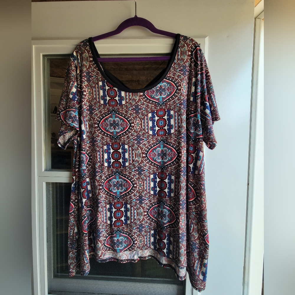 Bohemian Print Short Sleeve Top With Scoop Neck Uneven Heaim Size 2X